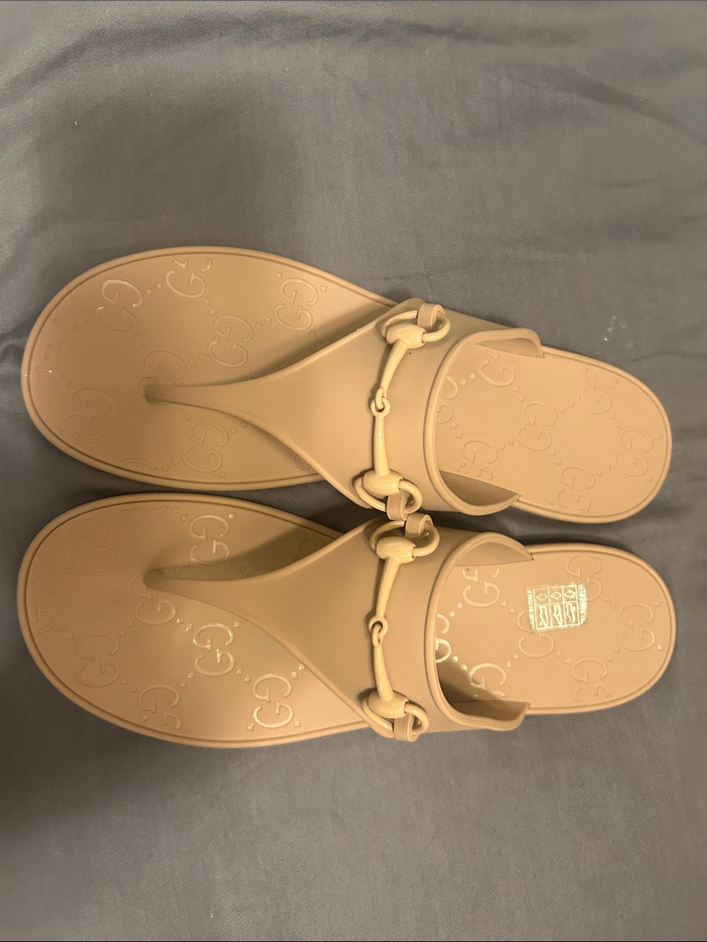 Gucci Beige Rubber Thong Sandals with Horsebit Detail
